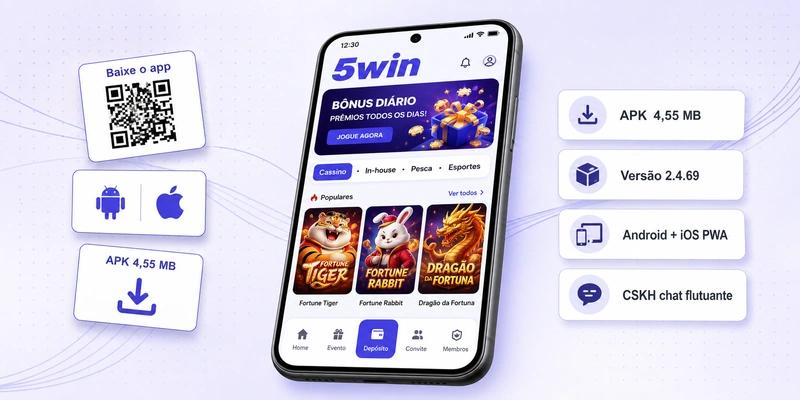 5win App: download APK Android 2.4.69 (4,55 MB) e instalação iOS via PWA no Safari, passo a passo