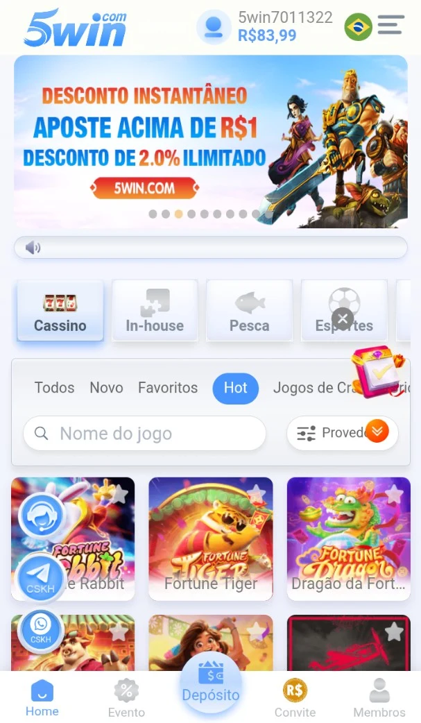 5win App Android logado: home com nickname 5win7011322, saldo R$ 83,99 e desconto instantâneo de 2% nos slots