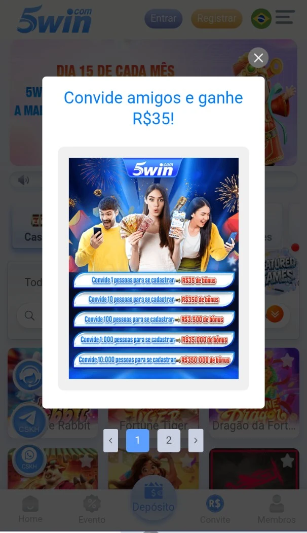 Tela de abertura do 5win App Android v.2.4.69 com logo e personagens da família Fortune da PG Soft