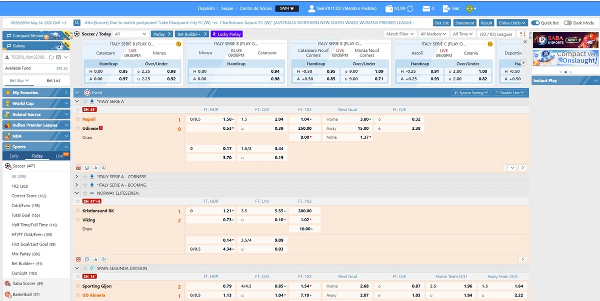 5win Bet parceiro SABA Sports: handicap asiático com linhas fracionadas -0,25 e -0,75 em futebol europeu