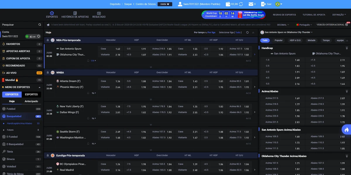 5win Bet aba Basquetebol com NBA e EuroLeague em mercados handicap, total points e player props