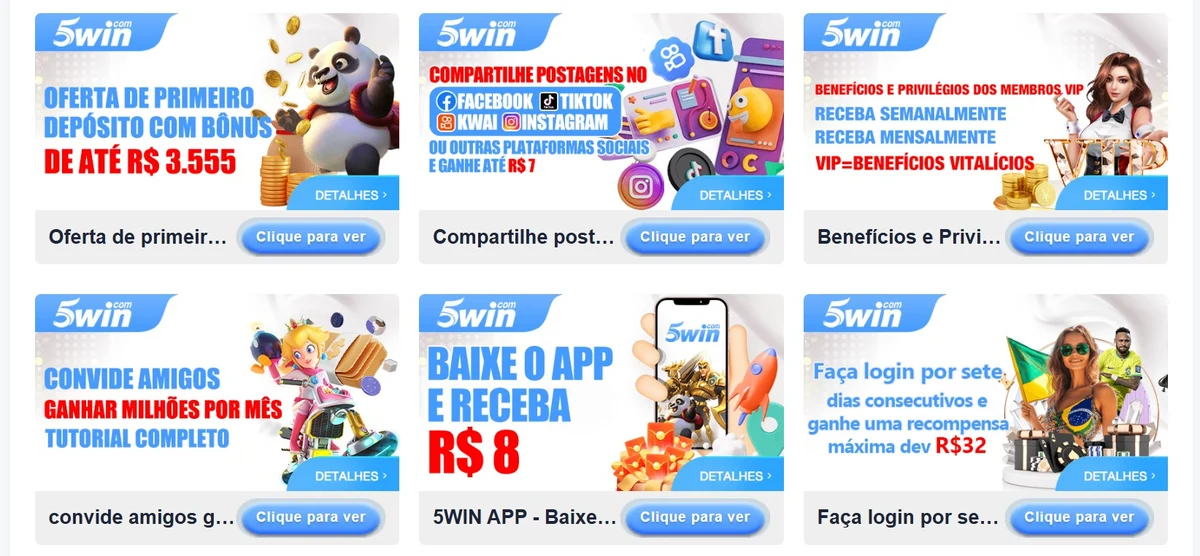 Página Promoções do 5win Brasil com 18 ofertas ativas: diárias, semanais, mensais e cadastrais agrupadas