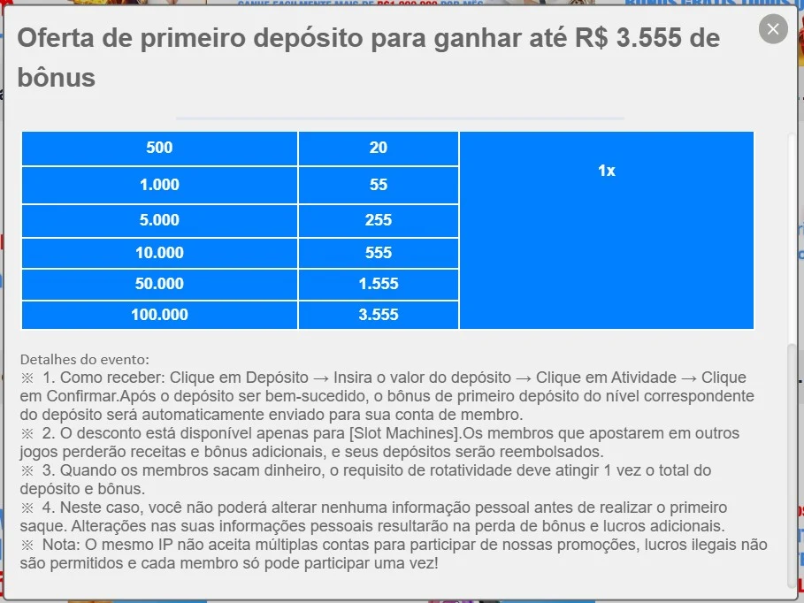 Termos e condições do bônus de boas-vindas 5win com cláusula de wagering 1x e restrição a slots em letras miúdas