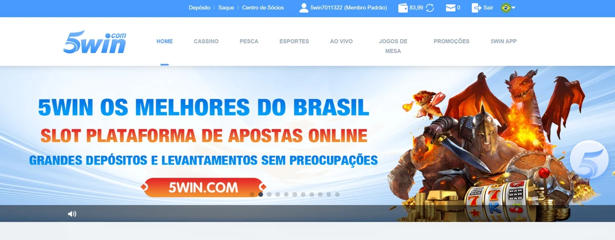 5win Brasil homepage com slider de promoções, banner de bônus de boas-vindas e atalho para Cassino