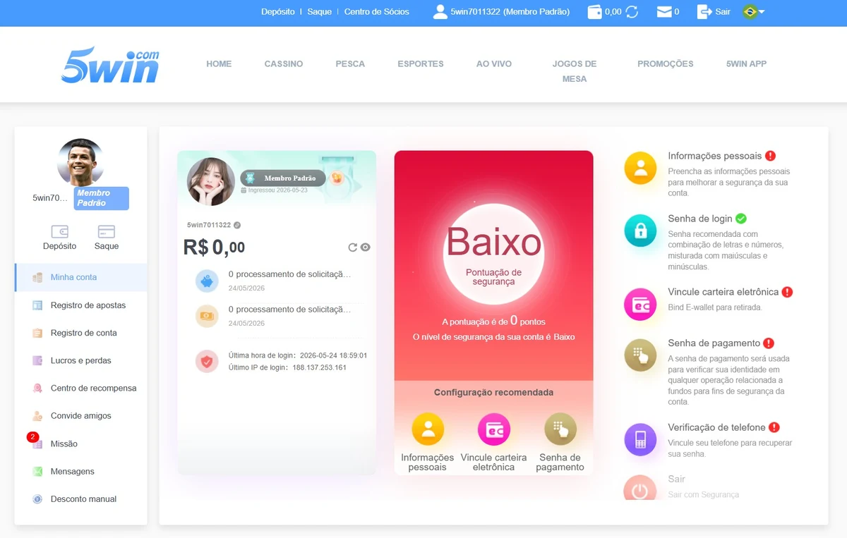 Painel do membro 5win após login: 11 itens de menu, régua de segurança com 5 etapas e saldo BRL no topo