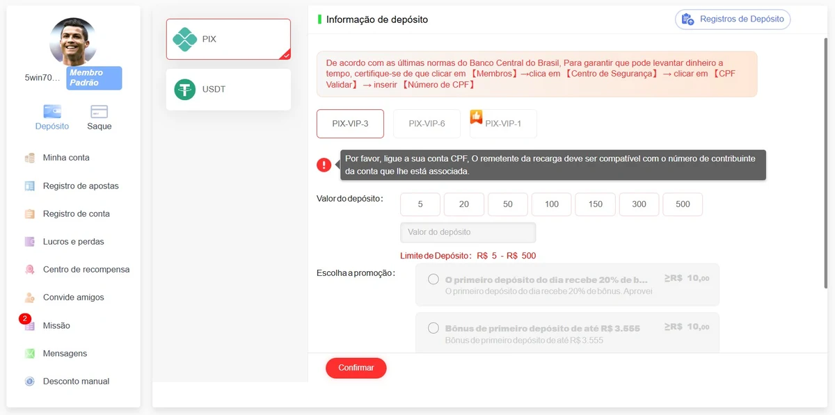 Depósito PIX no 5win: sub-variantes PIX-VIP-1, PIX-VIP-3 e PIX-VIP-6 com valores pré-definidos de R$ 5 a R$ 500