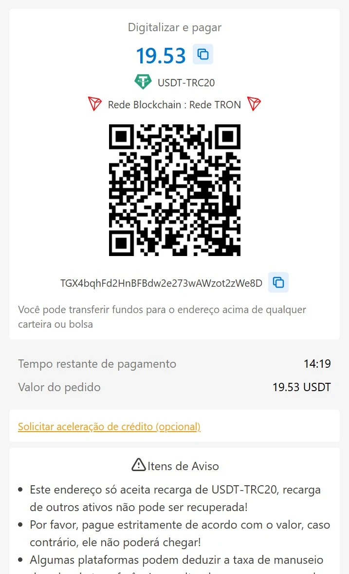 Envio do depósito USDT TRC20 no 5win com endereço-carteira temporário, QR Code e botão de confirmação