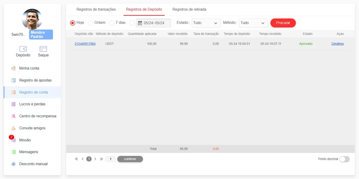 Depósito USDT TRC20 confirmado no 5win em 2min20s: R$ 99,99 creditado sem taxa após envio na rede TRON