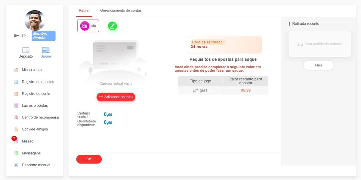 Saque PIX no 5win: tela com Carteira virtual vazia e botão Adicionar carteira nas abas Retirar e Gerenciamento